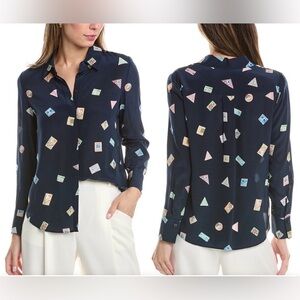Lafayette 148 New York Navy Stamp Print Button Down Shirt